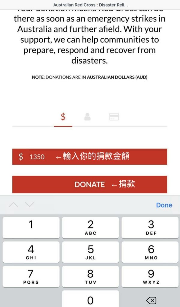 在下圖填入你要捐款的數字（貨幣為澳幣）